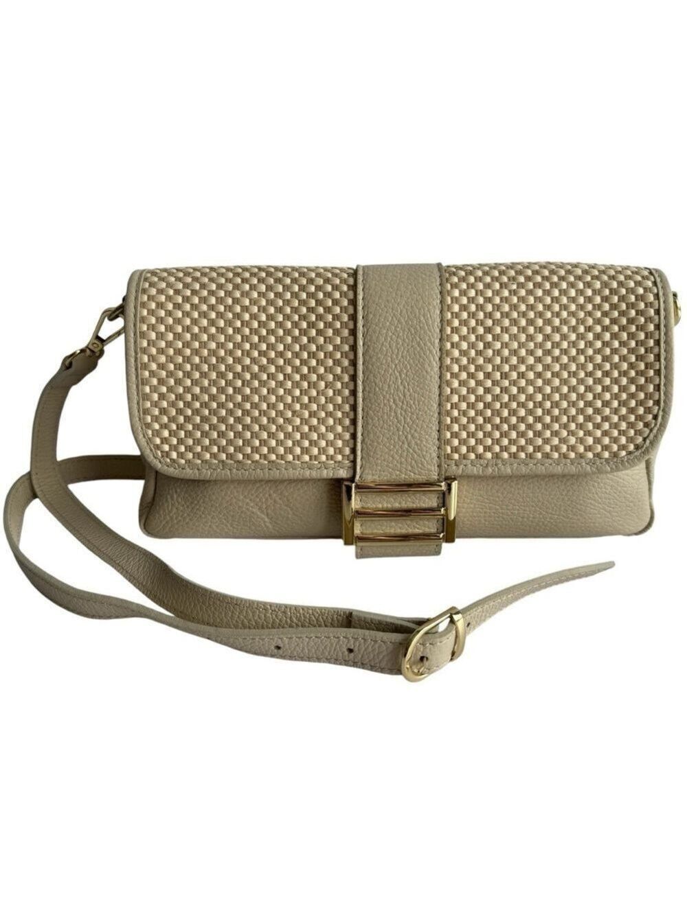 Divina Firenze Pebbled Leather Crossbody Bag Cream Woven Rectangle Purse EUC